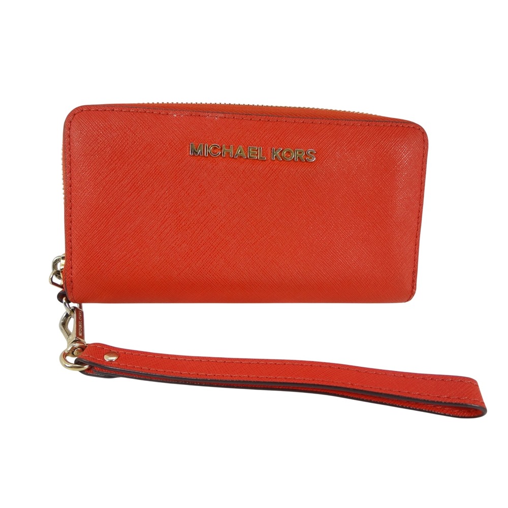 Michael Kors Continental Wallet Wristlet Red Saffiano Leather Zip Jet Set